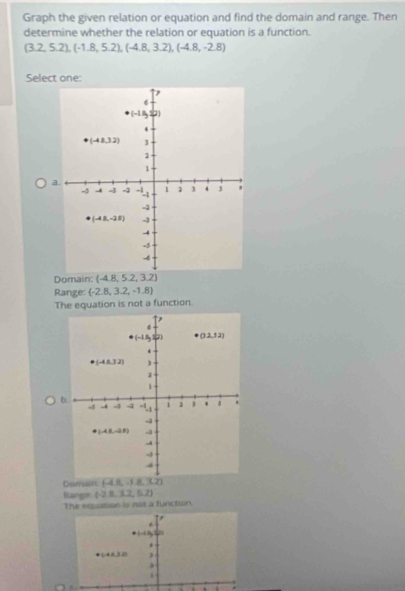 Graph the given relation or equation and find the domain and range. Then
determine whether the relation or equation is a function.
(3.2,5.2),(-1.8,5.2),(-4.8,3.2),(-4.8,-2.8)
Select one:
a
Domain: (-4.8,5.2,3.2)
Range:  -2.8,3.2,-1.8
The equation is not a function.
Range (-2,8,3.2,5.2)
The equation is not a function.