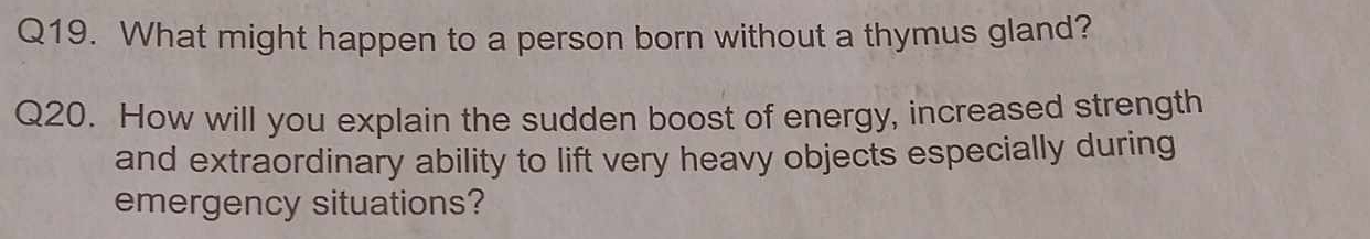 What might happen to a person born without a thymus gland? 
Q20. How will you explain the sudden boost of energy, increased strength 
and extraordinary ability to lift very heavy objects especially during 
emergency situations?