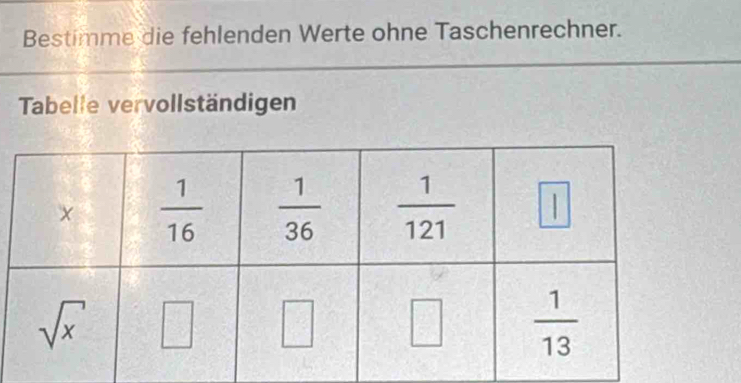 Bestimme die fehlenden Werte ohne Taschenrechner.
Tabelle vervollständigen