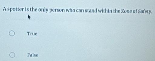 A spotter is the only person who can stand within the Zone of Safety.
True
False