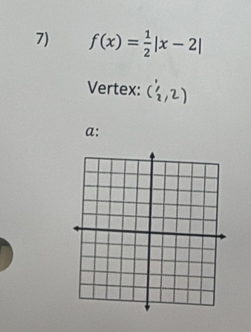 f(x)= 1/2 |x-2|
Vertex: . 
a: