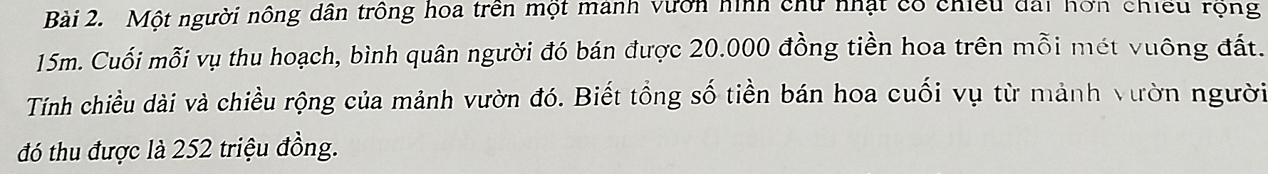 Một người nông dân trồng hoa trên một manh vườn hình chữ nhật có chiếu đai hơn chiếu rộng
15m. Cuối mỗi vụ thu hoạch, bình quân người đó bán được 20.000 đồng tiền hoa trên mỗi mét vuông đất. 
Tính chiều dài và chiều rộng của mảnh vườn đó. Biết tổng số tiền bán hoa cuối vụ từ mảnh vườn người 
đó thu được là 252 triệu đồng.