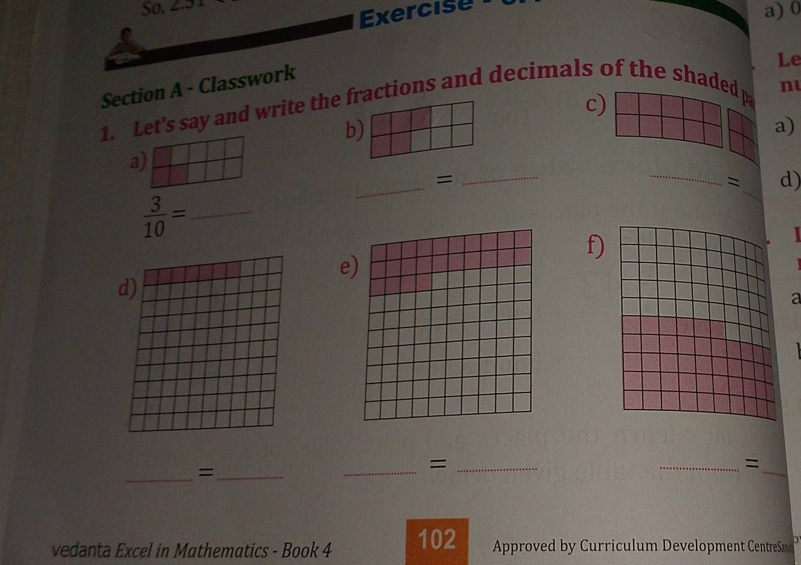 So, 2.31 
Exercise a) 0 
Le 
Section A - Classwork 
c) 
1. Let's say and write the fractions and decimals of the shaded pa 
nu 
b) 
a) 
a) 
= 
_= d) 
_  3/10 =
_ 
_ 
_ 
f) 
I 
e) 
d) 
a 
_=_ 
_=_ 
_= 
_ 
102 
vedanta Excel in Mathematics - Book 4 Approved by Curriculum Development CentreSad