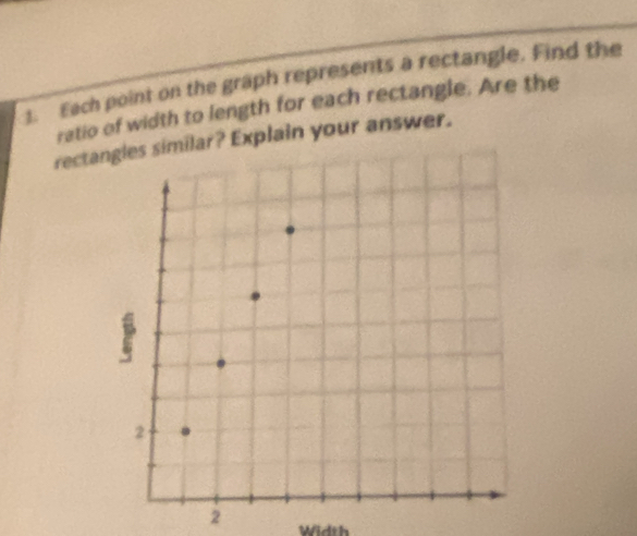 Each point on the graph represents a rectangle. Find the 
ratio of width to length for each rectangle. Are the 
rectas similar? Explain your answer. 
2 Width