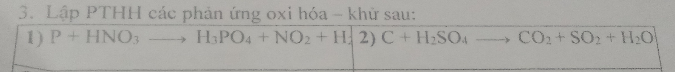 Lập PTHH các phản ứng oxi hóa - khử sau: 
1) P+HNO_3to H_3PO_4+NO_2+H_2 2) C+H_2SO_4 CO_2+SO_2+H_2O