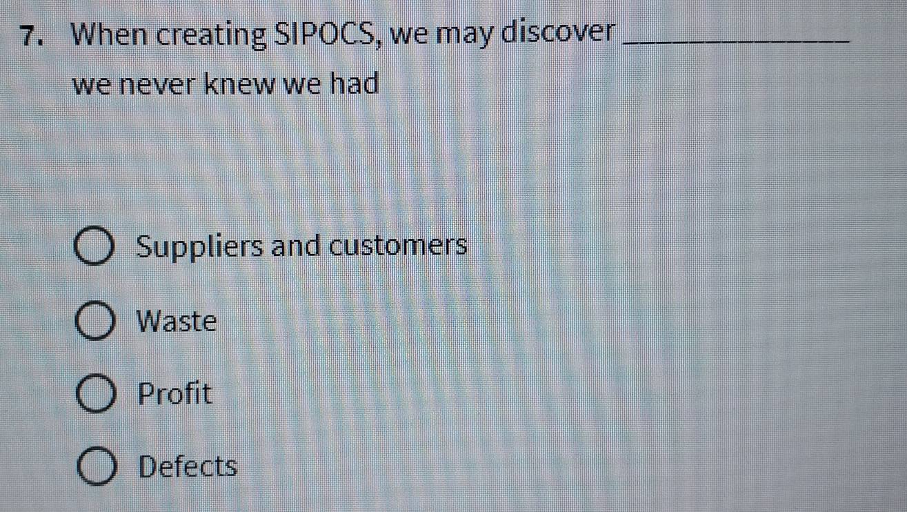 When creating SIPOCS, we may discover_
we never knew we had
Suppliers and customers
Waste
Profit
Defects