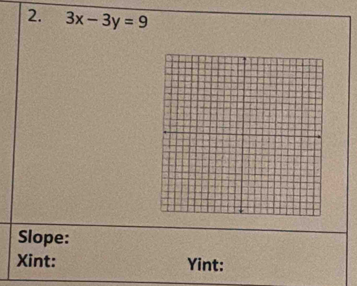 3x-3y=9
Slope: 
Xint: Yint: