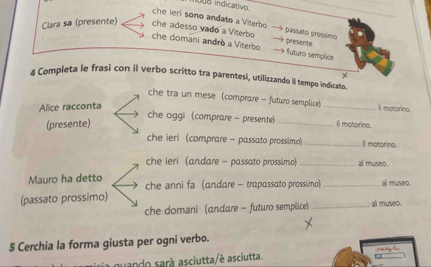 nouo indicativo. 
che ieri sono andato a Viterbo passato prossimo 
Clara sa (presente) che adesso vado a Viterbo presente 
che domani andrò a Viterbo futuro semplice 
× 
4 Completa le frasi con il verbo scritto tra parentesi, utilizzando il tempo indicato. 
che tra un mese (comprare - futuro semplice) _il motorino. 
Alice racconta 
che oggi (comprare - presente) _il motorino. 
(presente) 
che ieri (comprare - passato prossimo) _il motorino. 
che ieri (andare - passato prossimo) _al museo. 
Mauro ha detto 
che anni fa (andare - trapassato prossimo) _al museo. 
(passato prossimo) 
che domani (andare - futuro semplice) _al museo. 
5 Cerchia la forma giusta per ogni verbo. 
uando sarà asciutta/è asciutta.