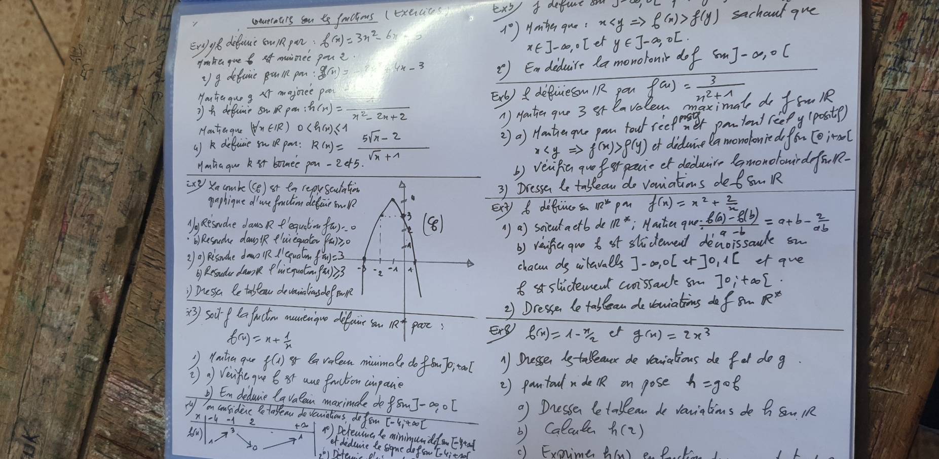 coeutraurs som to frocios (Execics exs  defare on
Ergly8 deface sulR pan: f(x)=3x^2-6x-0 1°) Hmhe que ? x f(y) sachaul gue
L00.. I et y∈ J-∈fty ,O[.
2 ) Endeduire la monoronir dof
ymhe que   munnee goue
) g defuie Buin pon 8m]-∈fty , oC
Houtiaque g xf majozee
2 h defuime sn  pon h(x)=frac x^2-2x+2 Erb) defiiesm IR you f(n)= 3/n^2+1 
Mouteque HnEIR (h(x)≤ 1 () yautien que 3 o lavolem maximal do foul
() k defuice su l pon: R(x)= (5sqrt(x)-2)/sqrt(x)+1 
2) a) Hontienque pam tout reefoster panYout reepy (positp)
x f(y)
Mmhaquo k 8r bomee ef didwine la monolonie do fou Coirool
b) veifia quo forpavie ef deduire Camonolowrd ful-
ixg Xacombe (c_6) ot to reprsaulat
3) Dressen le tablean do vomiations de SmRR
gaphique d'me fraction defeur sml
ext) 6 defiuc s 1n pm f(x)=x^2+ 2/x 
No, Reswde daw Relequatim fa).
1) a) scientaetb de 1n^* Matien ques  (f(a)-f(b))/11a-b =a+b- 2/ab 
B Ressude daw, iR eluieguato Pa130
3 OjRisnde dow in /lequatm f=3b) reifie quo to st slidtement denoissaule sw
b) Resude dawnk Pluicqualmful23chacn dg alavalls ]-∈fty ,0[er]0,1[ et gue
) Dressea le tallow devaioliausde ow
8 sludtement croissanl sm ]0;+∈fty 
2) Dressen le tablean de vomiations do f_8sim  R^x
=) soirf lafuctim monenigue defair on 1f pare; Erg f(x)=1-x/2 er g(x)=2x^3
f(x)=x+ 1/x 
1 Hautia quo f(1) Qavalern minimale 6f Sm, Jo, tool M Desser is tableaucr de vouiatious de fol do g.
②) o veificgue 6 t aue fruction cinpane
2) pantal n de lR on pose h=gcirc f
En deduie lavalean maximake do fsin 3m]-∈fty ,0[
on cnsidenc Re tasteau do vaniations, de fon
9 Dressen letaklean de vanialims do h SulR
71-4 2 t2 () Deleuing le mininuidd  Egeal
b) Caloula h(2)
et deduice te sigme do fow EHitn () Exsimer h(x) D
, D1 Dite. . . o