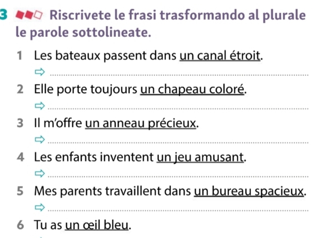 Riscrivete le frasi trasformando al plurale 
le parole sottolineate. 
1 Les bateaux passent dans un canal étroit. 
2 Elle porte toujours un chapeau coloré. 
3 Il m'offre un anneau précieux. 
4 Les enfants inventent un jeu amusant. 
5 Mes parents travaillent dans un bureau spacieux. 
6 Tu as un œil bleu.