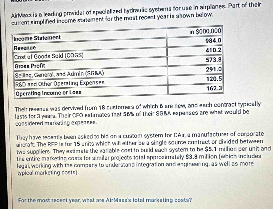 AirMaxx is a leading provider of specialized hydraulic systems for use in airplanes. Part of their 
current simplified income statement for the most recent year is shown below. 
Their revenue was dervived from 18 customers of which 6 are new, and each contract typically 
lasts for 3 years. Their CFO estimates that 56% of their SG&A expenses are what would be 
considered marketing expenses. 
They have recently been asked to bid on a custom system for CAir, a manufacturer of corporate 
aircraft. The RFP is for 15 units which will either be a single source contract or divided between 
two suppliers. They estimate the variable cost to build each system to be $5.1 million per unit and 
the entire marketing costs for similar projects total approximately $3.8 million (which includes 
legal, working with the company to understand integration and engineering, as well as more 
typical marketing costs). 
For the most recent year, what are AirMaxx's total marketing costs?