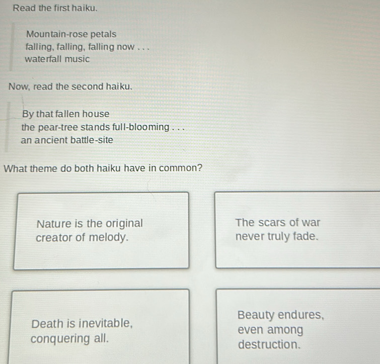 Solved: Read the first haiku. Mountain-rose petals falling, falling ...