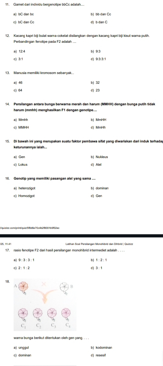 Gamet dari individu bergenotipe bbCc adalah....
a) bC dan bc b) bb dan Cc
c) bC dan Cc d) b dan C
12. Kacang kapri biji bulat warna cokelat disilangkan dengan kacang kapri biji kisut warna putih.
Perbandingan fenotipe pada F2 adalah ....
a) 12:4 b) 9:3
c) 3:1 d) 9:3:3:1
13. Manusia memiliki kromosom sebanyak...
a) 46 b) 32
c) 64 d) 23
14. Persilangan antara bunga berwarna merah dan harum (MMHH) dengan bunga putih tidak
harum (mmhh) menghasilkan F1 dengan genotipe....
a) Mmhh b) MmHH
c) MMHH d) MmHh
15. Di bawah ini yang merupakan suatu faktor pembawa sifat yang diwariskan dari induk terhadap
keturunannya ialah...
a) Gen b) Nukleus
c) Lokus d) Alel
16. Genotip yang memiliki pasangan alel yang sama ....
a)heterozigot b) dominan
c) Homozigot d) Gen
//quizizz.com/print/quiz/5f8d6e70c4b2f8001b9f02ec
/25, 11.41  Latihan Soal Persilangan Monohibrid dan Dihbrid | Quizizz
17. rasio fenotipe F2 dari hasil persilangan monohibrid intermediet adalah . . . .
b)
a) 9:3:3:1 1:2:1
c) 2:1:2 3:1
d)
18
wara bunga berikut ditentukan oleh gen yang. . . .
a) unggul b) kodominan
c) dominan d) resesif