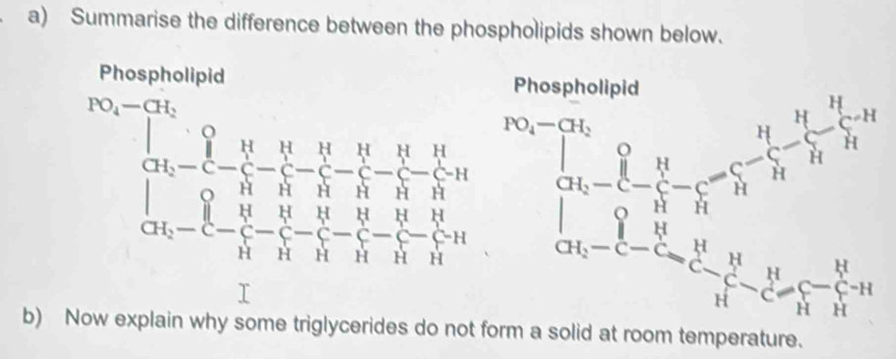 Summarise the difference between the phospholipids shown below.
Phospholipid
beginarrayr S_TE=-C_6- 1/2 (-frac frac 6- 1/2 3- 1/3 - 1/4 - 1/3 * frac 1= 1/4 - 1/3 - 1/3 - 1/4 >frac 1- 1/3 - 1/4 - 1/3 - 1/1 
b) Now explain why some triglycerides do not fo