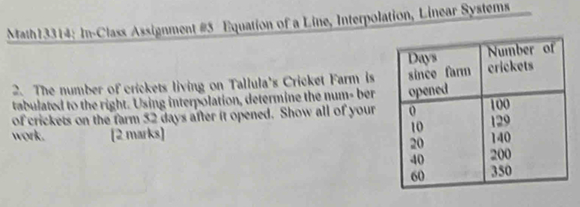 Math13314: In-Class Assignment #5 Equation of a Line, Interpolation, Linear Systems 
2. The number of crickets living on Tallula's Cricket Farm is 
tabulated to the right. Using interpolation, determine the num- ber 
of crickets on the farm 52 days after it opened. Show all of your 
work. [2 marks]