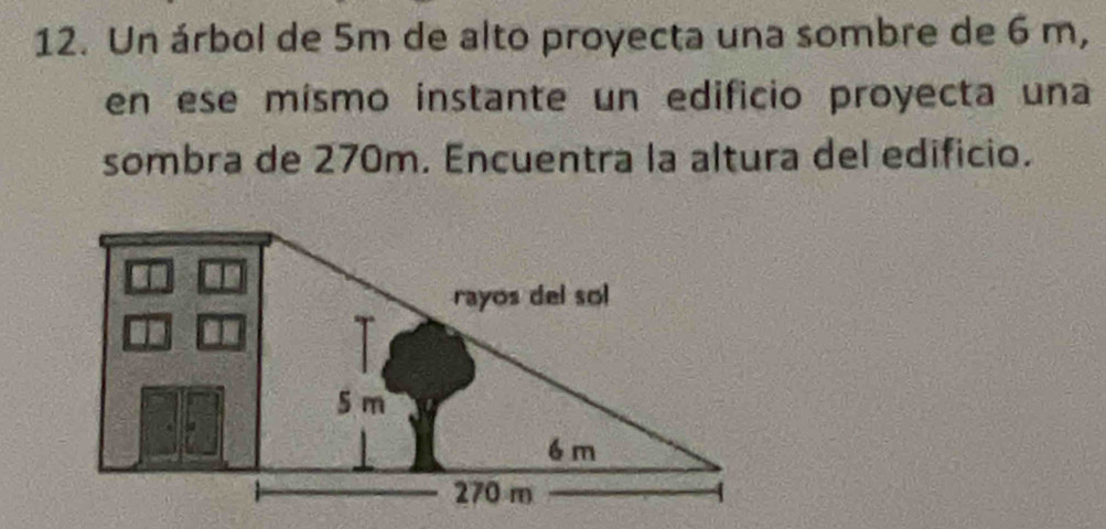 Un árbol de 5m de alto proyecta una sombre de 6 m, 
en ese mísmo instante un edificio proyecta una 
sombra de 270m. Encuentra la altura del edificio.