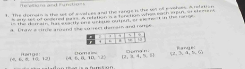 Relations and Functions 
1. The domain is the set of x -values and the range is the set of y -values. A relation 
is any set of ordered pairs. A relation is a function when each input, or element 
in the domain, has exactly one unique output, or element in the range. 
a. Draw a circle around the correct domain and range. 
Range: Domain: Range
 4,6,8,10,12  4,6,8,10,12  2,3,4,5,6 Domain:  2,3,4,5,6
on that is a function.