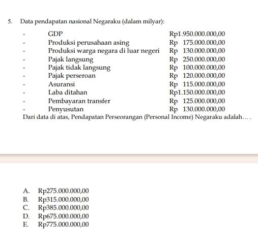 Data pendapatan nasional Negaraku (dalam milyar):
GDP Rp1.950.000.000,00
Produksi perusahaan asing Rp 175.000.000,00
Produksi warga negara di luar negeri Rp 130.000.000,00
Pajak langsung Rp 250.000.000,00
Pajak tidak langsung Rp 100.000.000,00
Pajak perseroan Rp 120.000.000,00
Asuransi Rp 115.000.000,00
Laba ditahan Rp1.150.000.000,00
Pembayaran transfer Rp 125.000.000,00
Penyusutan Rp 130.000.000,00
Dari data di atas, Pendapatan Perseorangan (Personal Income) Negaraku adalah… .
A. Rp275.000.000,00
B. Rp315.000.000,00
C. Rp385.000.000,00
D. Rp675.000.000,00
E. Rp775.000.000,00