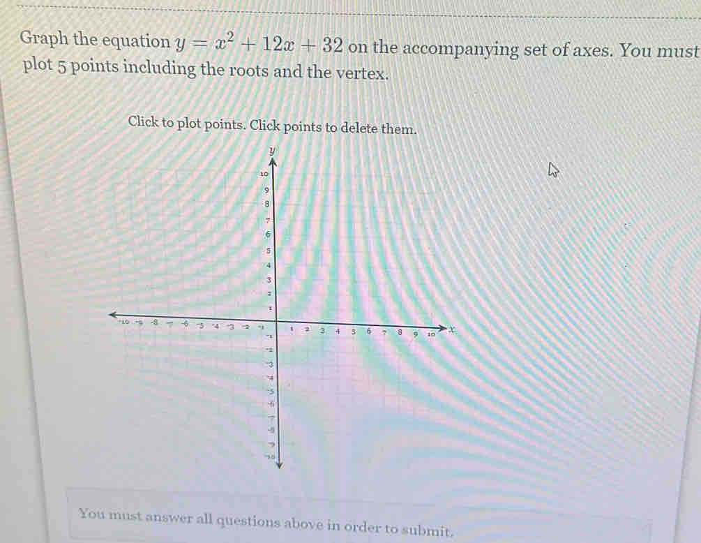 Graph the equation y=x^2+12x+32 on the accompanying set of axes. You must 
plot 5 points including the roots and the vertex. 
Click to plot points. Click points to delete them. 
You must answer all questions above in order to submit.