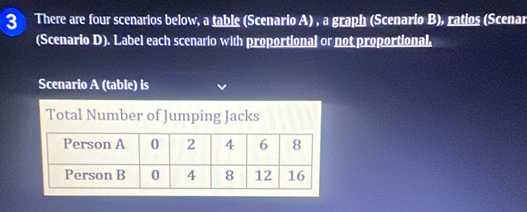 There are four scenarios below, a table (Scenario A) , a graph (Scenario B), ratios (Scenar 
(Scenario D). Label each scenario with proportional or not proportional. 
Scenario A (table) is 
Total Number of Jumping Jacks