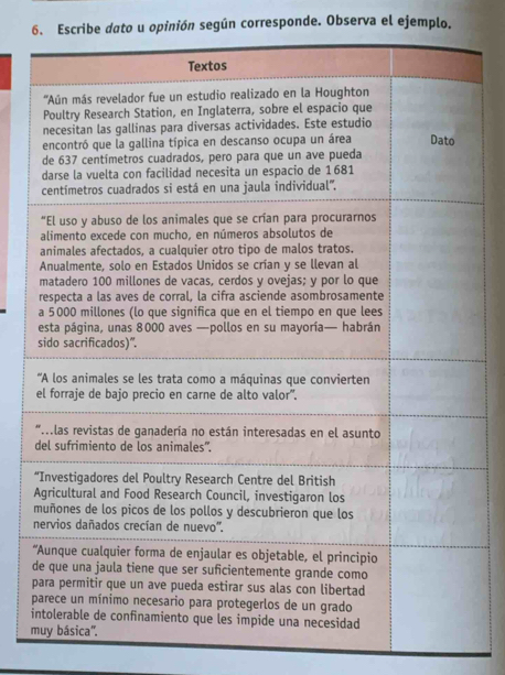 Escribe dato u opinión según corresponde. Observa el ejemplo. 
i 
m