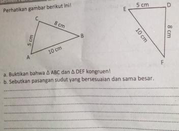 Perhatikan gambar berikut ini! 

a. Buktikan bahwa △ ABC dan △ DEF kongruen! 
b. Sebutkan pasangan sudut yang bersesuaian dan sama besar. 
_ 
_ 
_ 
_ 
_ 
_