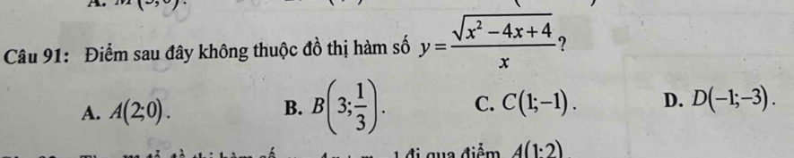 Điểm sau đây không thuộc đồ thị hàm số y= (sqrt(x^2-4x+4))/x  ?
A. A(2;0).
B. B(3; 1/3 ). C. C(1;-1). D. D(-1;-3). 
qua điểm A(1:2)