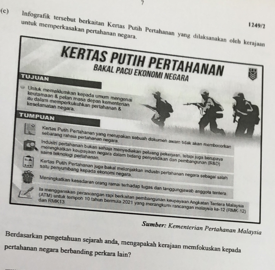 7 
1249/2 
(c) Infografik tersebut berkaitan Kertas Putih Pertahanan yang dilaksanakan oleh kerajaan 
untuk memperkasakan pertahanan negara. 
KERTAS PUTIH PERTAHANAN 
BAKAL PACU EKONOMI NEGARA 
TUJUAN 
Untuk memaklumkan kepada umum mengenai 
keutamaan & pelan masa depan kementerian 
itu dalam memperkukuhkan pertahanan & 
keselamatan negara. 
TUMPUAN 
Kertas Putih Pertahanan yang merupakan sebuah dokumen awam tidak akan membocorkan 
sebarang rahsia pertahanan negåra. 
Industri pertahanan bukan sahaja menyediakan peluang pekerjaan, tetapi juga berupaya 
sains teknologi pertahanan. 
menıngkatkan keupayaan negara dalam bidang penyelidikan dan pembangunan (R&D) 
Kertas Putih Pertahanan juga bakal melonjakkan industri pertahanan negara sebagai salah 
satu penyumbang kepada ekonomi negara. 
Meningkatkan kesedaran orang ramai terhadap tugas dan tanggungjawab anggota tenlera. 
la menggariskan perancangan rapi berkaitan pembangunan keupayaan Angkatan Tenlera Malaysia 
dan RMK13
(ATM) untuk tempoh 10 tahun bermula 2021 yang merangkumi rancangan malaysia ke -12 (RMK-12) 
Sumber: Kementerian Pertahanan Malaysia 
Berdasarkan pengetahuan sejarah anda, mengapakah kerajaan memfokuskan kepada 
pertahanan negara berbanding perkara lain?