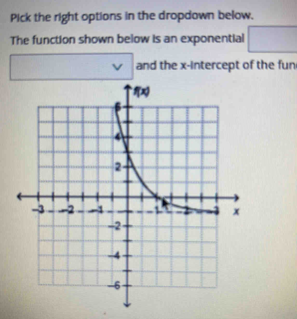 Pick the right options in the dropdown below.
The function shown below is an exponential □
and the x-intercept of the fun