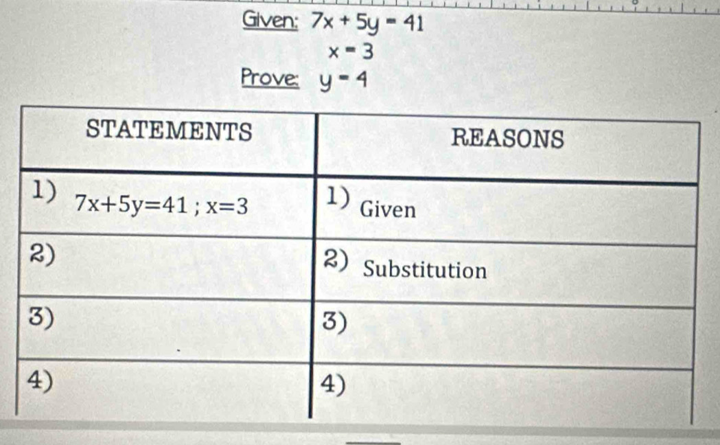 Given: 7x+5y=41
x=3
Prove: y=4