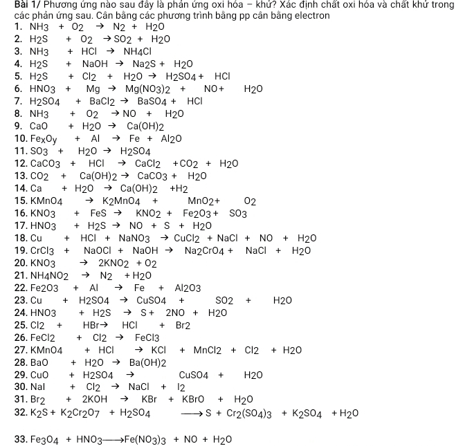 Bài 1/ Phương ứng nào sau đầy là phán ứng oxi hóa - khứ? Xác định chất oxi hóa và chất khử trong
các phản ứng sau. Cân bằng các phương trình bằng pp cân bằng electron
1. NH_3+O_2to N_2+H_2O
2. H_2S+O_2to SO_2+H_2O
3. NH_3+HClto NH_4Cl
4. H_2S+NaOHto Na_2S+H_2O
5. H_2S+Cl_2+H_2Oto H_2SO_4+HCl
6. HNO_3+Mgto Mg(NO3)2+NO+H_2O
7. H_2SO_4+BaCl_2to BaSO_4+HCl
8. NH_3+O_2to NO+H_2O
9. CaO+H_2Oto Ca(OH)_2
10. FexOy+Alto Fe+Al2O
11. SO_3+H_2Oto H_2SO_4
12. CaCO_3+HClto CaCl_2+CO_2+H_2O
13. CO_2+Ca(OH)_2to CaCO_3+H_2O
14. Ca+H_2Oto Ca(OH)2+H_2
15. KMnO_4to K_2MnO_4+MnO_2+O_2
16 KNO3+FeSto KNO2+Fe2O3+SO3
17. HNO_32Sto NO+S+H2O
18.Cu+HCl+NaNO_3to CuCl_2+NaCl2O
19.CrCl3+NaOCl+NaOHto Na2CrO4+NaCl+H_2O
20.KNO3to 2KNO2+O2
21.NH_4NO_2to N_2+H_2O
22.Fe2O3+Alto Fe+Al2O3
23.Cu+H2SO4to CuSO4+SO2+H2O
24.HNO3+H2Sto S+2NO+H2O
25.Cl2+HBrto HCl+Br2
26.FeCl2+Cl2to FeCl3
27.KMnO4+HClto KCl+MnCl2+Cl2+H2O
28.BaO+H2Oto Ba(OH)2
29.CuO+H2SO4to CuSO4+H2O
30.Nal+Cl2to NaCl+I2
31. Br_2+2KOHto KBr+KBrO+H_2O
32. K_2S+K_2Cr_2O_7+H_2SO_4to S+Cr_2(SO_4)3+K_2SO_4+H_2O
33. Fe_3O_4+HNO_3to Fe(NO_3)_3+NO+H_2O