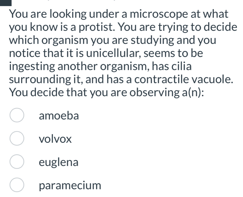 You are looking under a microscope at what
you know is a protist. You are trying to decide
which organism you are studying and you
notice that it is unicellular, seems to be
ingesting another organism, has cilia
surrounding it, and has a contractile vacuole.
You decide that you are observing a(n)
amoeba
volvox
euglena
paramecium