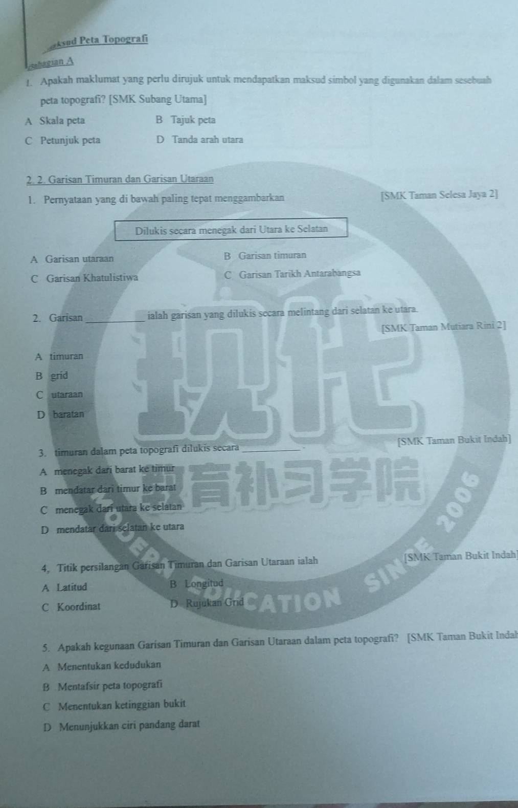 ksud Peta Topografi
aagian 
1. Apakah maklumat yang perlu dirujuk untuk mendapatkan maksud simbol yang digunakan dalam sesebuah
peta topografi? [SMK Subang Utama]
A Skala peta B Tajuk peta
C Petunjuk peta D Tanda arah utara
2. 2. Garisan Timuran dan Garisan Utaraan
1. Pernyataan yang di bawah paling tepat menggambarkan [SMK Taman Selesa Jaya 2]
Dilukis secara menegak dari Utara ke Selatan
A Garisan utaraan B Garisan timuran
C Garisan Khatulistiwa C Garisan Tarikh Antarabangsa
2. Garisan _ialah garisan yang dilukis secara melintang dari selatan ke utara.
[SMK Taman Mutiara Rini 2]
A timuran
B grid
C utaraan
Ir
D baratan
3. timuran dalam peta topografi dīlukis secara [SMK Taman Bukit Indah]
A menegak darí barat ke timur
B mendatar dari timur ke barat
C menegak darí utara ke selatan
D mendatar dari selatan ke utara
4, Titik persilangan Garisan Timuran dan Garisan Utaraan ialah
[SMK Taman Bukit Indah]
A Latitud B Longitud
SIN
C Koordinat D Rujukan Grid O
5. Apakah kegunaan Garisan Timuran dan Garisan Utaraan dalam peta topografi? [SMK Taman Bukit Indal
A Menentukan kedudukan
B Mentafsir peta topografi
C Menentukan ketinggian bukit
D Menunjukkan ciri pandang darat