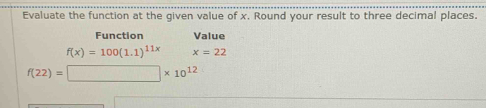 Evaluate the function at the given value of x. Round your result to three decimal places. 
Function Value
f(x)=100(1.1)^11x x=22
f(22)=□ * 10^(12)