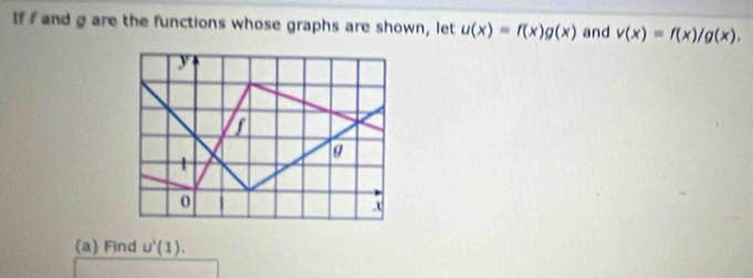 If and g are the functions whose graphs are shown, let u(x)=f(x)g(x) and v(x)=f(x)/g(x). 
(a) Find u^1(1).