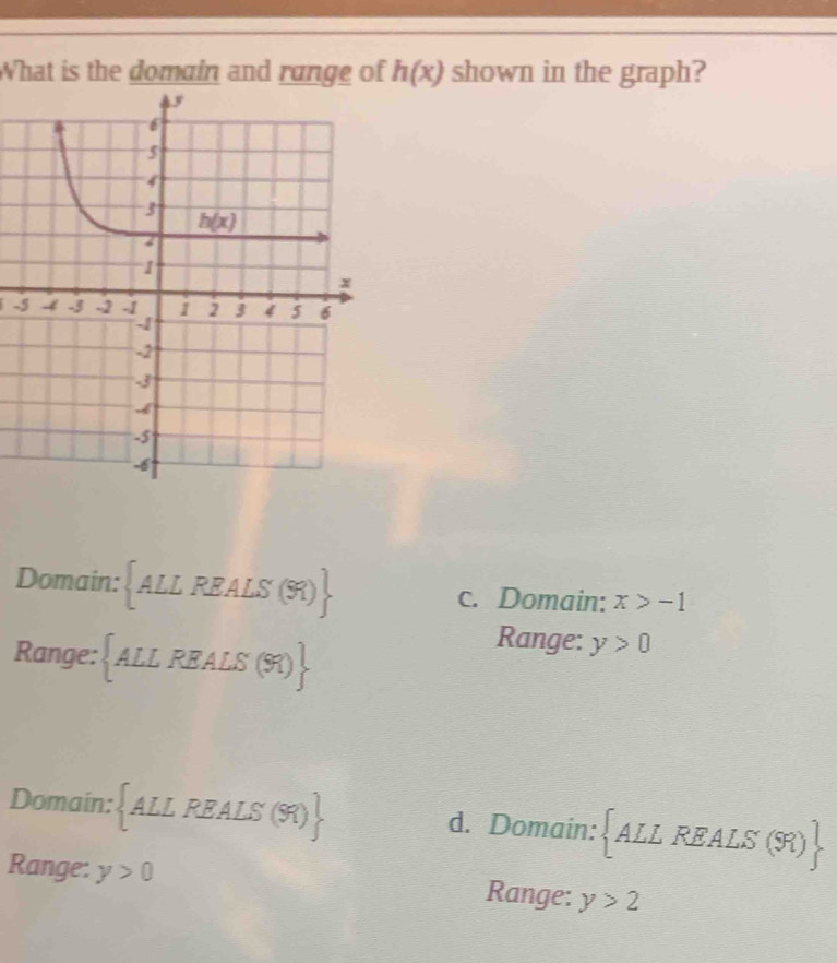 What is the domain and range of h(x) shown in the graph?
-
Domain: A ALL REALS (9) c. Domain: x>-1
Range:ALL REALS (9)
Range: y>0
Domain: 1 ALL REALS (9) d. Domain:  ALL R EA. LS(98) _ 
Range: y>0 Range: y>2