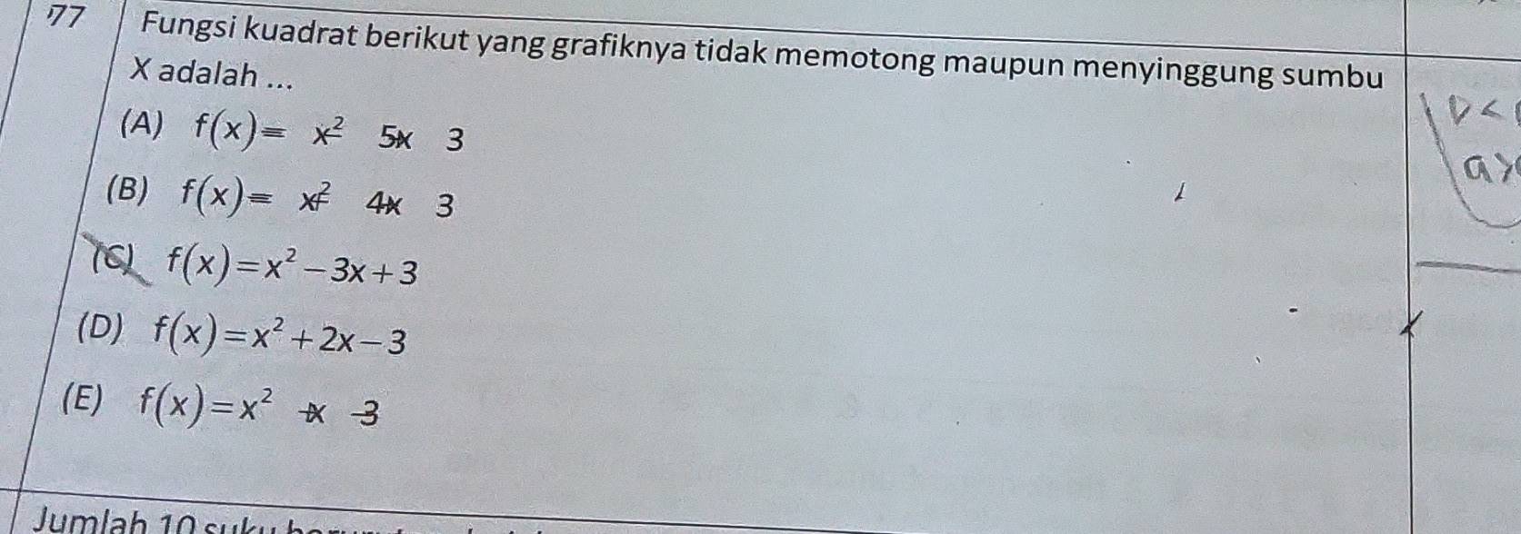 Fungsi kuadrat berikut yang grafiknya tidak memotong maupun menyinggung sumbu
X adalah ...
(A) f(x)=x^25x3
(B) f(x)=x^24x3
(C) f(x)=x^2-3x+3
(D) f(x)=x^2+2x-3
(E) f(x)=x^2-x-3
Jumlah 10 suku ł