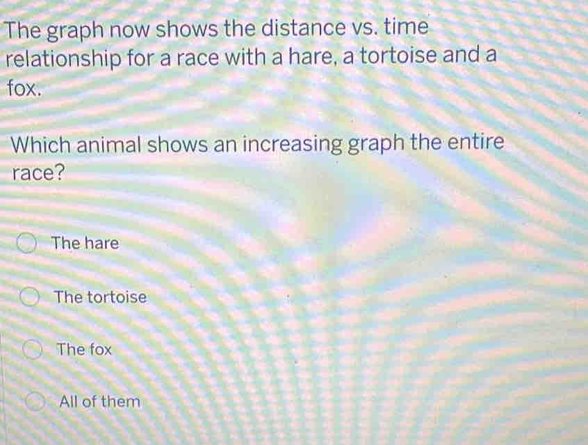 The graph now shows the distance vs. time
relationship for a race with a hare, a tortoise and a
fox.
Which animal shows an increasing graph the entire
race?
The hare
The tortoise
The fox
All of them