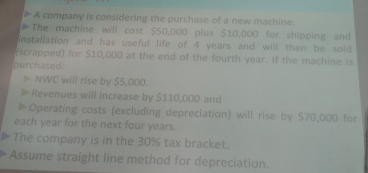 A company is considering the purchase of a new machine 
The machine will cost $50,000 plus $10,000 for shipping and 
installation and has useful life of 4 years and will then be sold 
(scrapped) for $10,000 at the end of the fourth year. If the machine is 
ourchased 
NWC will rise by $5,000. 
Revenues will increase by $110,000 and 
Operating costs (excluding depreciation) will rise by $70,000 for 
each year for the next four years. 
The company is in the 30% tax bracket. 
Assume straight line method for depreciation.