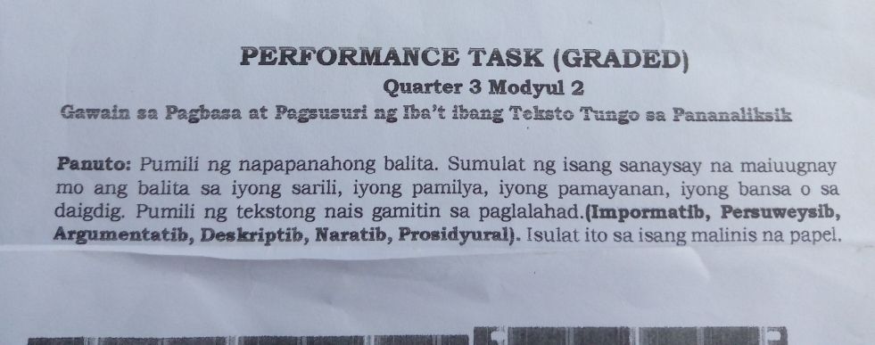 Solved: PERFORMANCE TASK (GRADED) Quarter 3 Modyul 2 Gawain sa Pagbasa ...