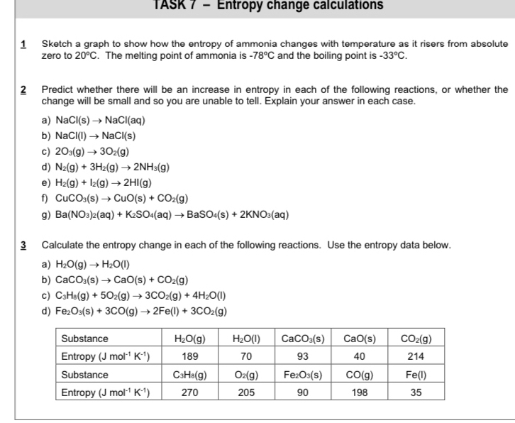 TASK 7 - Entropy change calculations
1 Sketch a graph to show how the entropy of ammonia changes with temperature as it risers from absolute
zero to 20°C. The melting point of ammonia is -78°C and the boiling point is -33°C.
2 Predict whether there will be an increase in entropy in each of the following reactions, or whether the
change will be small and so you are unable to tell. Explain your answer in each case.
a) NaCl(s)to NaCl(aq)
b) NaCl(l)to NaCl(s)
c) 2O_3(g)to 3O_2(g)
d) N_2(g)+3H_2(g)to 2NH_3(g)
e) H_2(g)+I_2(g)to 2HI(g)
f) CuCO_3(s)to CuO(s)+CO_2(g)
g) Ba(NO_3)_2(aq)+K_2SO_4(aq)to BaSO_4(s)+2KNO_3(aq)
3 Calculate the entropy change in each of the following reactions. Use the entropy data below.
a) H_2O(g)to H_2O(l)
b) CaCO_3(s)to CaO(s)+CO_2(g)
c) C_3H_8(g)+5O_2(g)to 3CO_2(g)+4H_2O(l)
d) Fe_2O_3(s)+3CO(g)to 2Fe(l)+3CO_2(g)