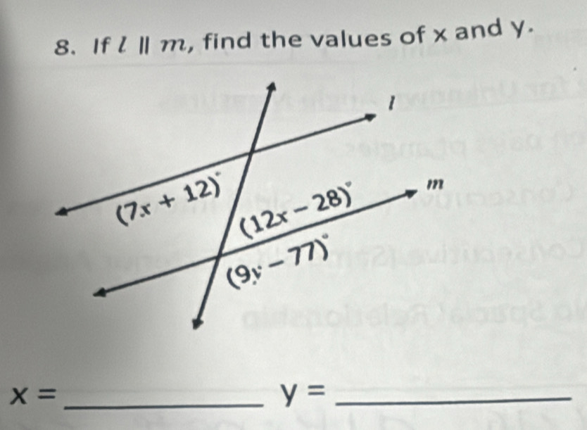 If l Ⅱ m, , find the values of x and y.
_ x=
_ y=