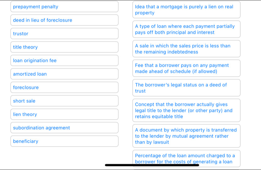 prepayment penalty Idea that a mortgage is purely a lien on real 
property 
deed in lieu of foreclosure 
A type of loan where each payment partially 
trustor pays off both principal and interest 
title theory A sale in which the sales price is less than 
the remaining indebtedness 
loan origination fee 
Fee that a borrower pays on any payment 
amortized loan made ahead of schedule (if allowed) 
foreclosure The borrower’s legal status on a deed of 
trust 
short sale 
Concept that the borrower actually gives 
legal title to the lender (or other party) and 
lien theory retains equitable title 
subordination agreement A document by which property is transferred 
to the lender by mutual agreement rather 
beneficiary than by lawsuit 
Percentage of the loan amount charged to a 
borrower for the costs of generating a loan