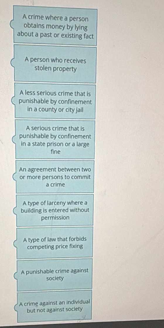 A crime where a person
obtains money by lying
about a past or existing fact
A person who receives
stolen property
A less serious crime that is
punishable by confinement
in a county or city jail
A serious crime that is
punishable by confinement
in a state prison or a large
fine
An agreement between two
or more persons to commit
a crime
A type of larceny where a
building is entered without
permission
A type of law that forbids
competing price fixing
A punishable crime against
society
A crime against an individual
but not against society