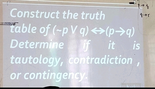 Construct the truth 
table of (sim pvee q)rightarrow (pto q)
Determine if it is 
tautology, contradiction 
or contingency.