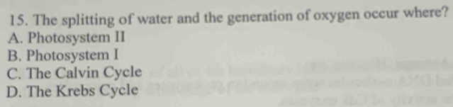 The splitting of water and the generation of oxygen occur where?
A. Photosystem II
B. Photosystem I
C. The Calvin Cycle
D. The Krebs Cycle