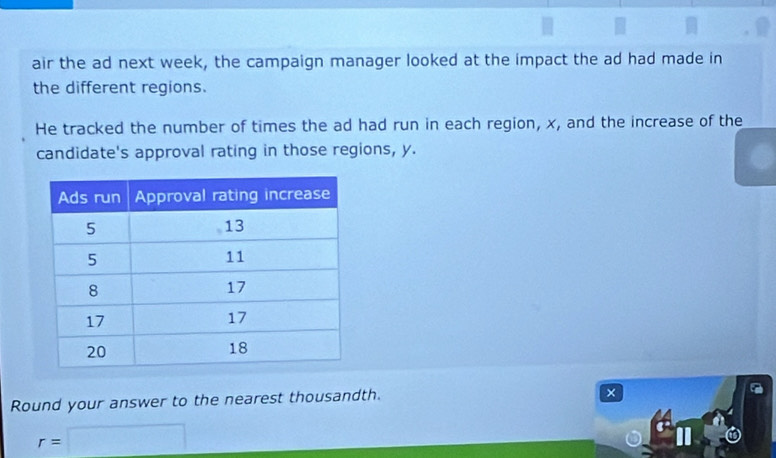 air the ad next week, the campaign manager looked at the impact the ad had made in 
the different regions. 
He tracked the number of times the ad had run in each region, x, and the increase of the 
candidate's approval rating in those regions, y. 
Round your answer to the nearest thousandth.
x
r=□