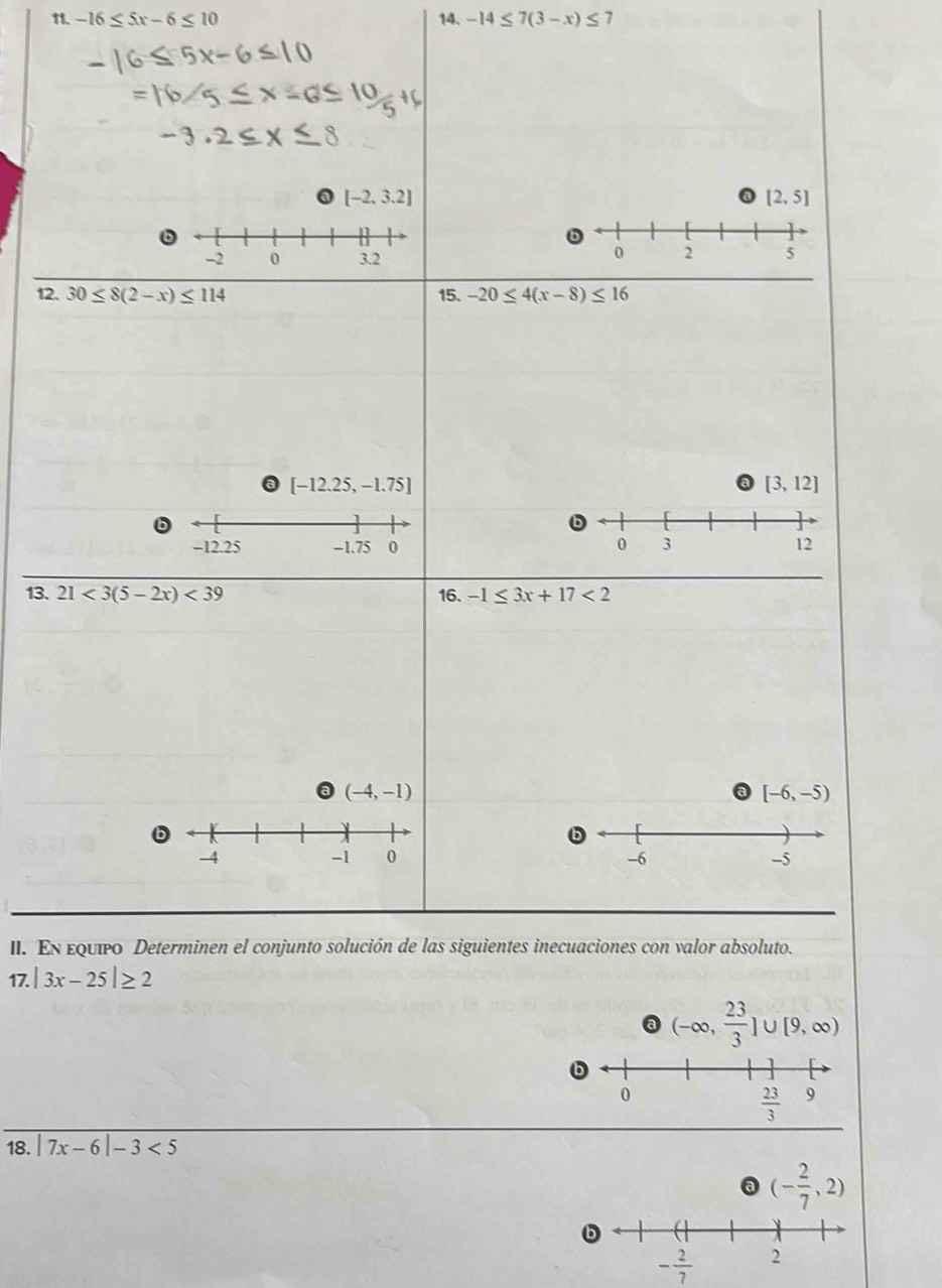 -16≤ 5x-6≤ 10 14. -14≤ 7(3-x)≤ 7
12
13. 
II. E
17.
a (-∈fty , 23/3 ]∪ [9,∈fty )
18. |7x-6|-3<5</tex>
a (- 2/7 ,2)