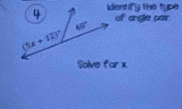 Identify the type
of angle pair.
Solve for x