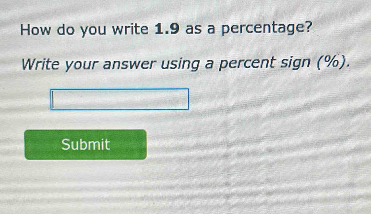 How do you write 1.9 as a percentage? 
Write your answer using a percent sign (%). 
Submit